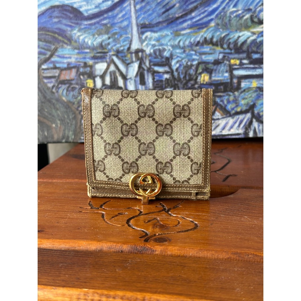 Vintage Gucci GG Supreme Monogram Bifold Wallet Brown Leather Interlocking G Log